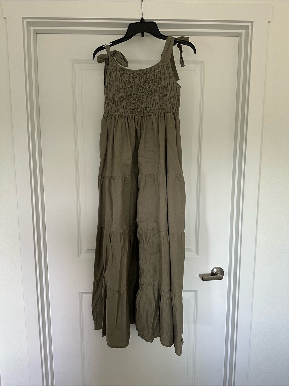 Source Unknown Olive Smocked Tiered Midi Dress with Tie Straps